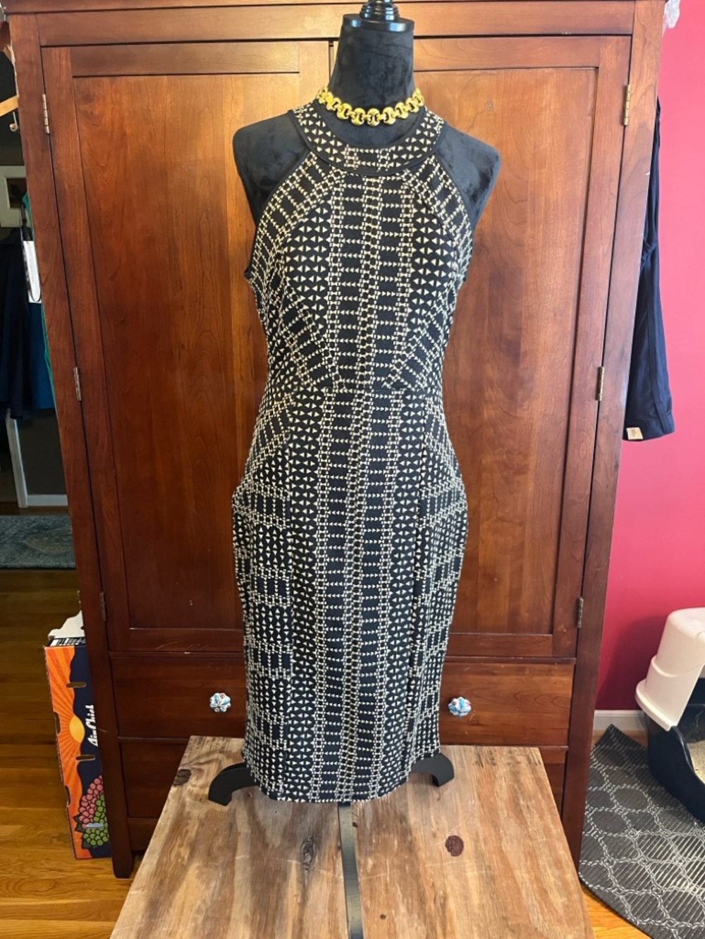 BCBGMaxAzria Black and Cream Pyramid Halter Sheath Dress Sz. L